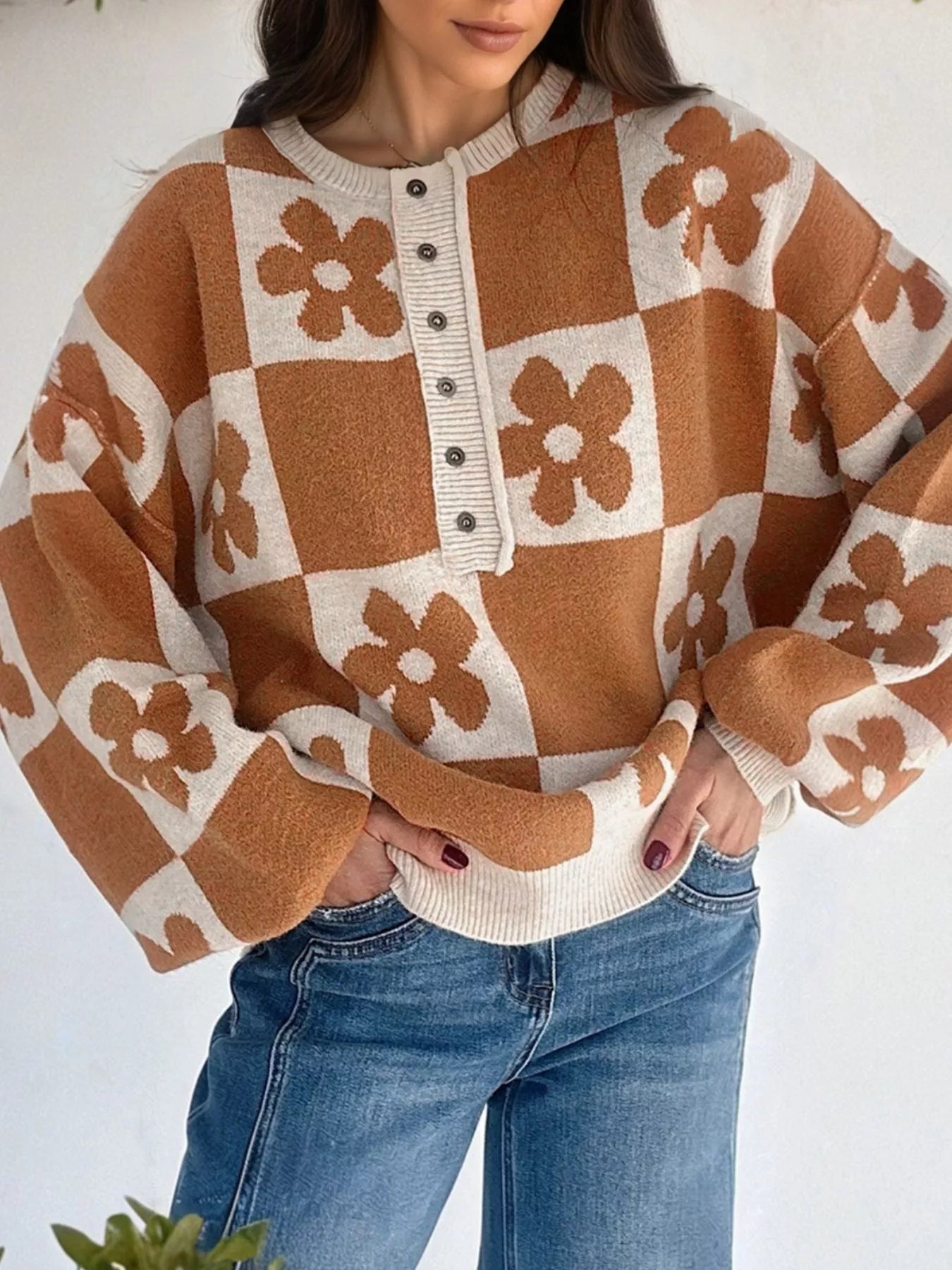 Flower Plaid Henley Baggy Sweater