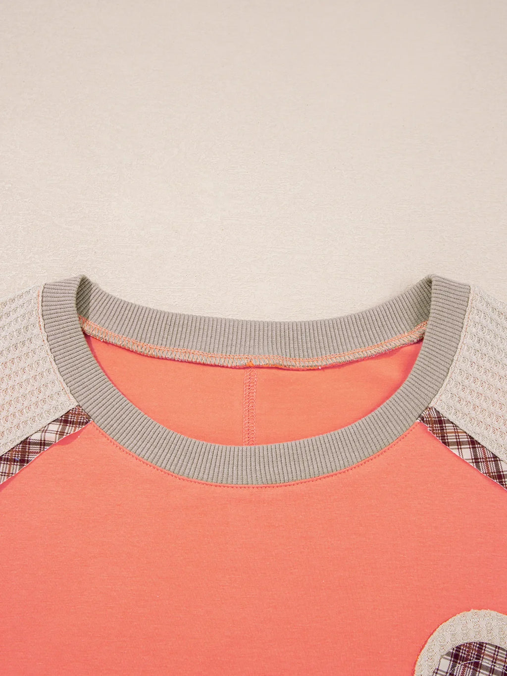 Plaid Waffle Flower Patchwork Contrast Top