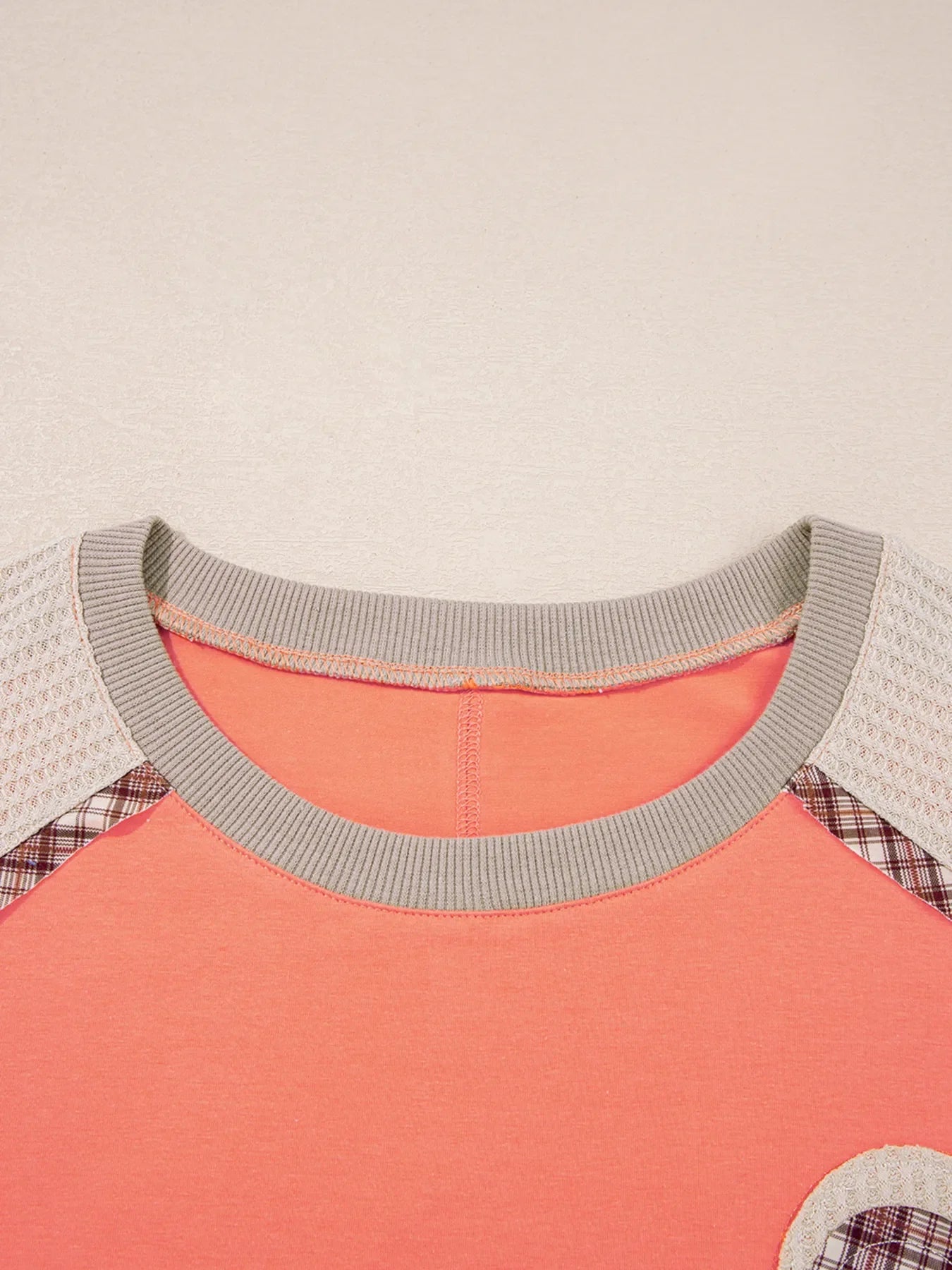 Plaid Waffle Flower Patchwork Contrast Top
