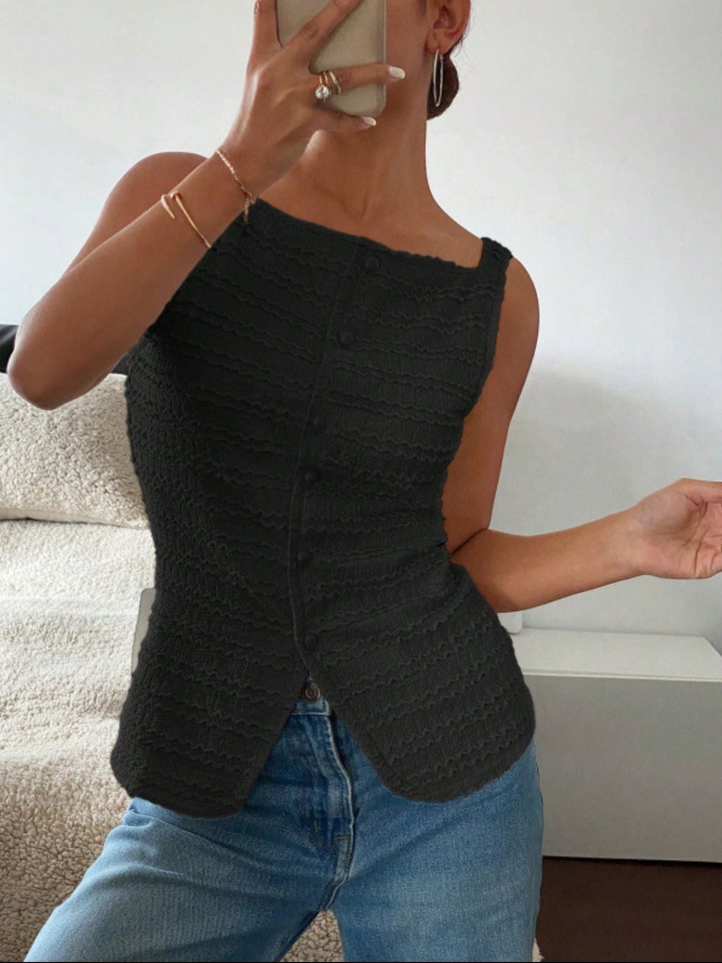 Textured Button-Front Tank