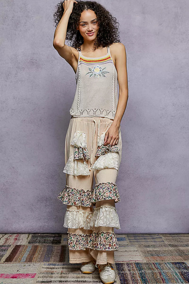 POL Embroidered Floral Square Neck Knit Cami