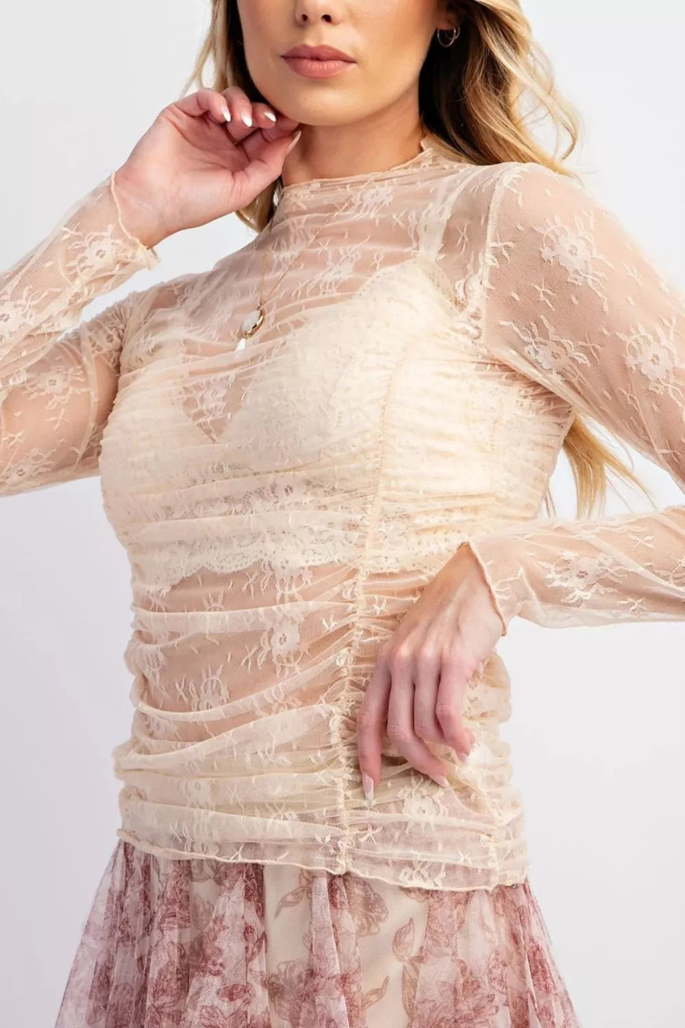 Sheer Floral Mesh Ruched Long Sleeve Top