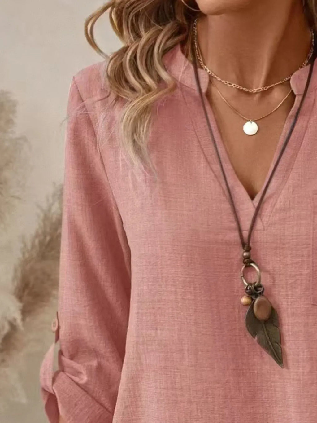 Casual Notched Roll-Up Sleeve Pocket Blouse