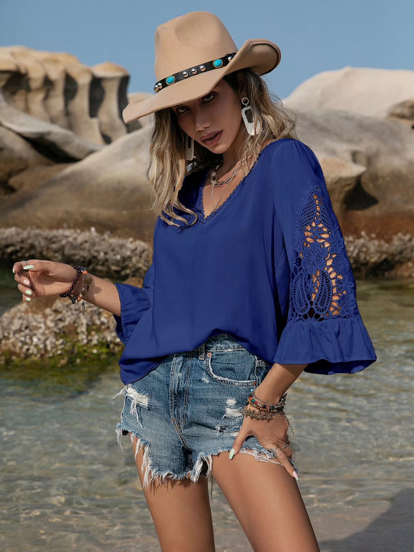 Plus Size Lace Sleeve V-Neck Blouse