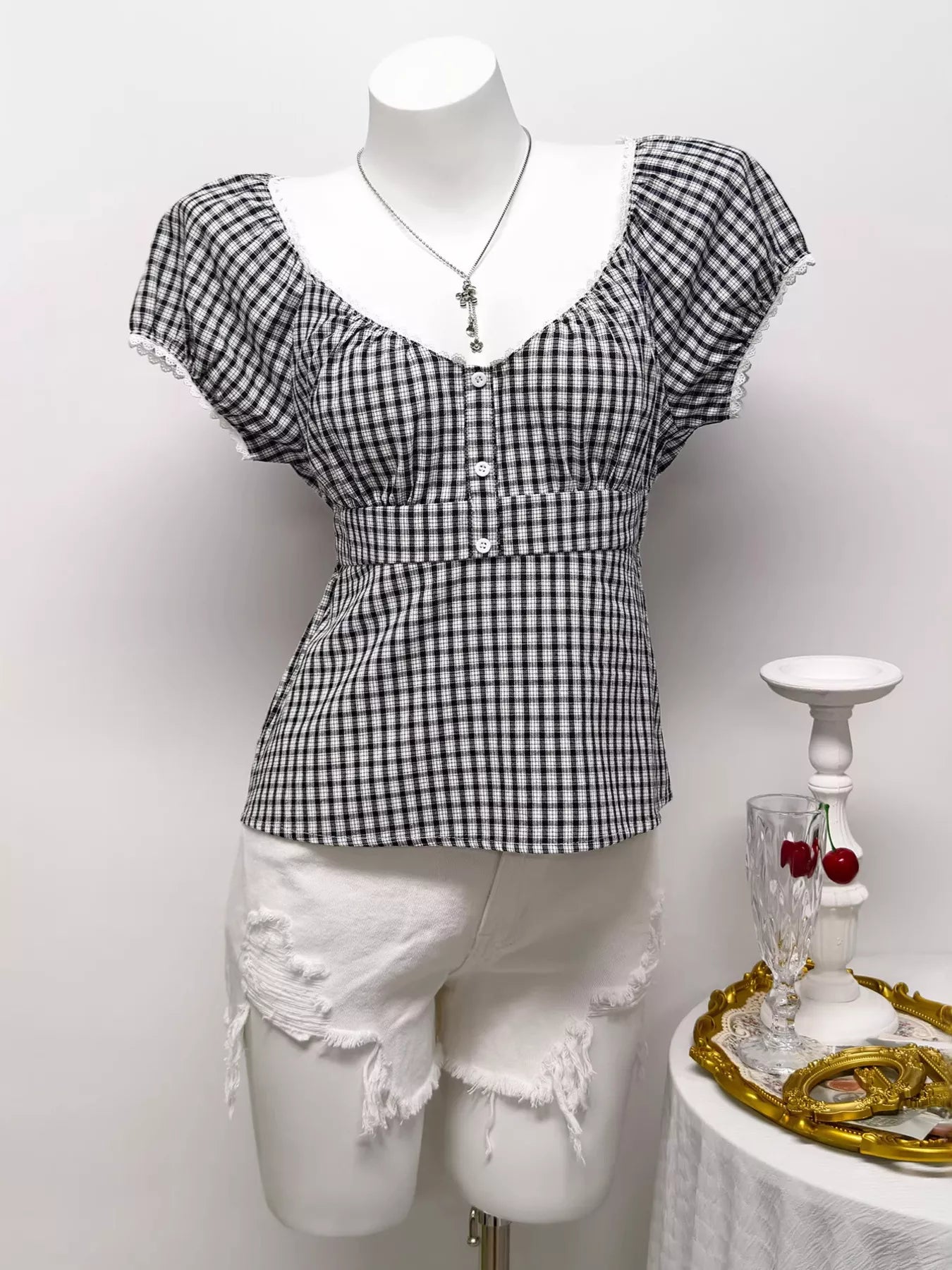 Plaid Short Sleeve Blouse