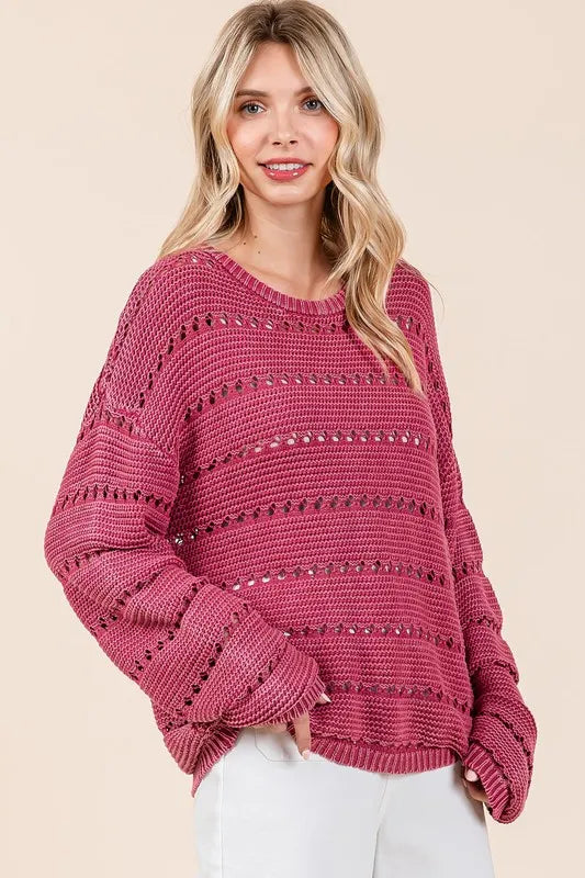 Mittoshop Openwork Round Neck Drop Shoulder Sweater