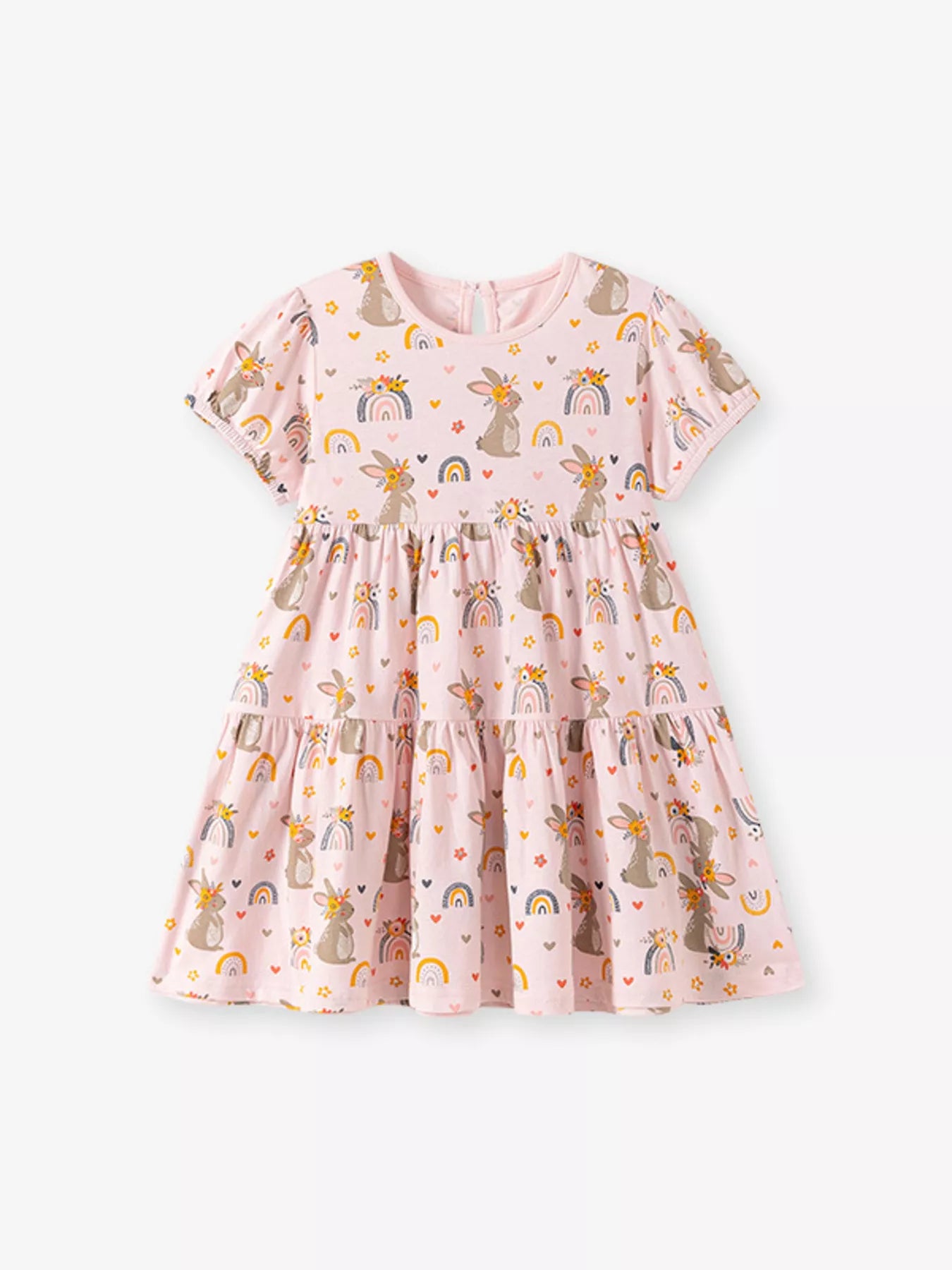 Children's Tiered Bunny Rainbow Print Casual Dress