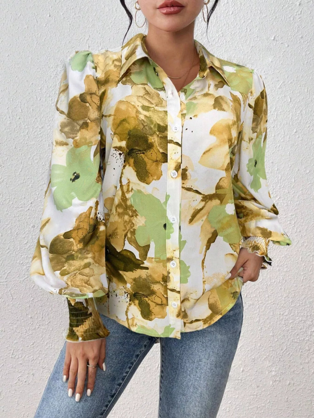 Printed Button Up Lantern Sleeve Shirt