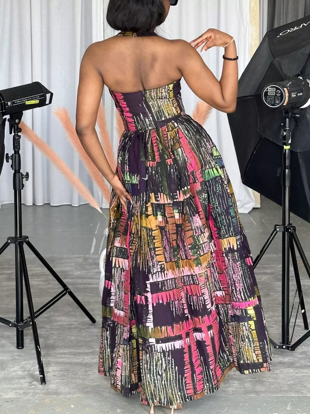 Full Size Abstract Print Halter Neck Maxi Dress Plus Size