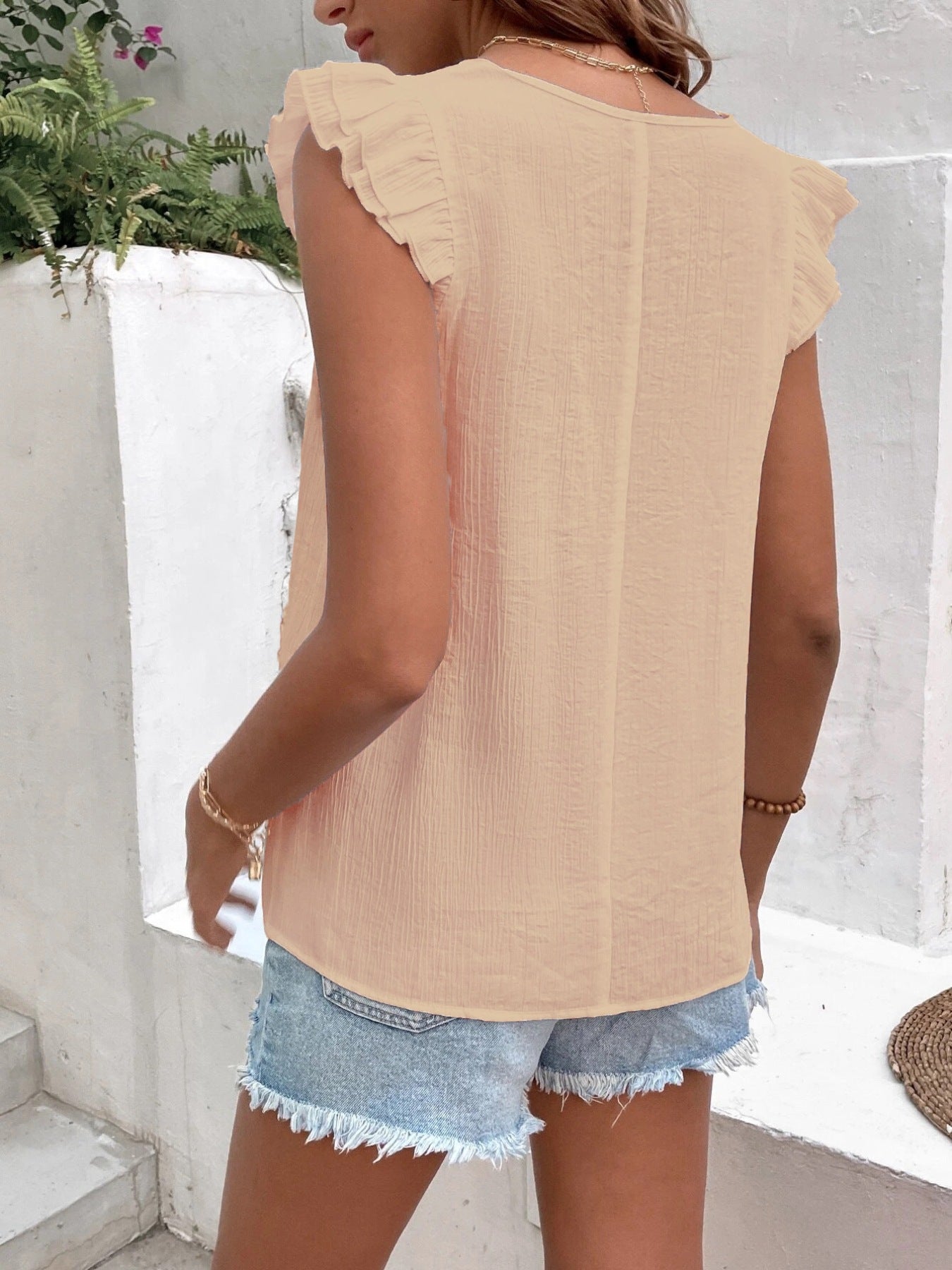 V-Neck Ruffled Cap Sleeve Blouse