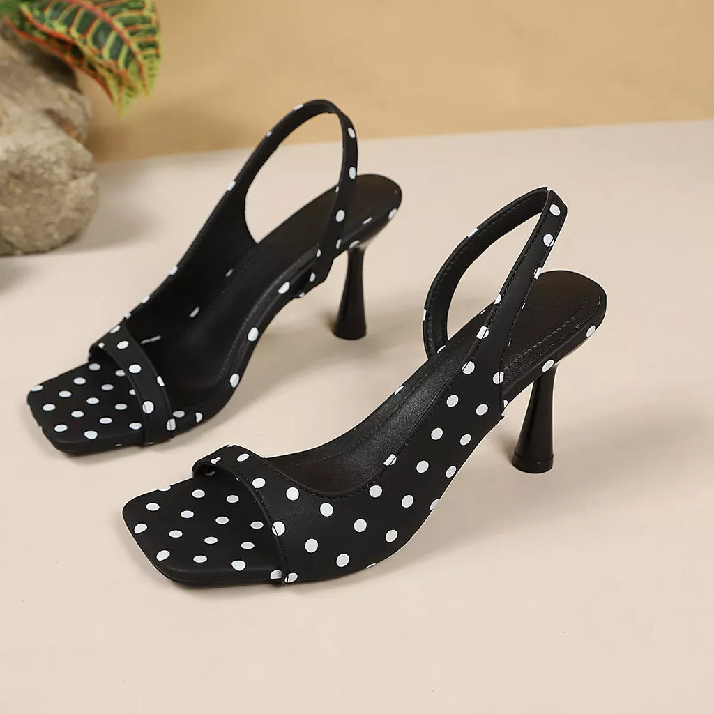 Polka Dot Open Toe Flare Heels Sandals
