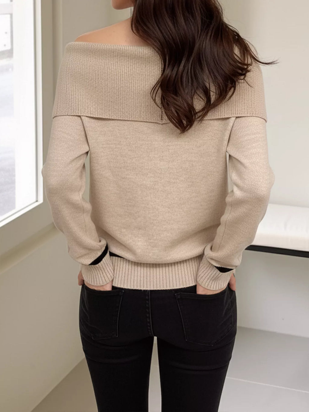 Off-Shoulder Argyle Pattern Sweater
