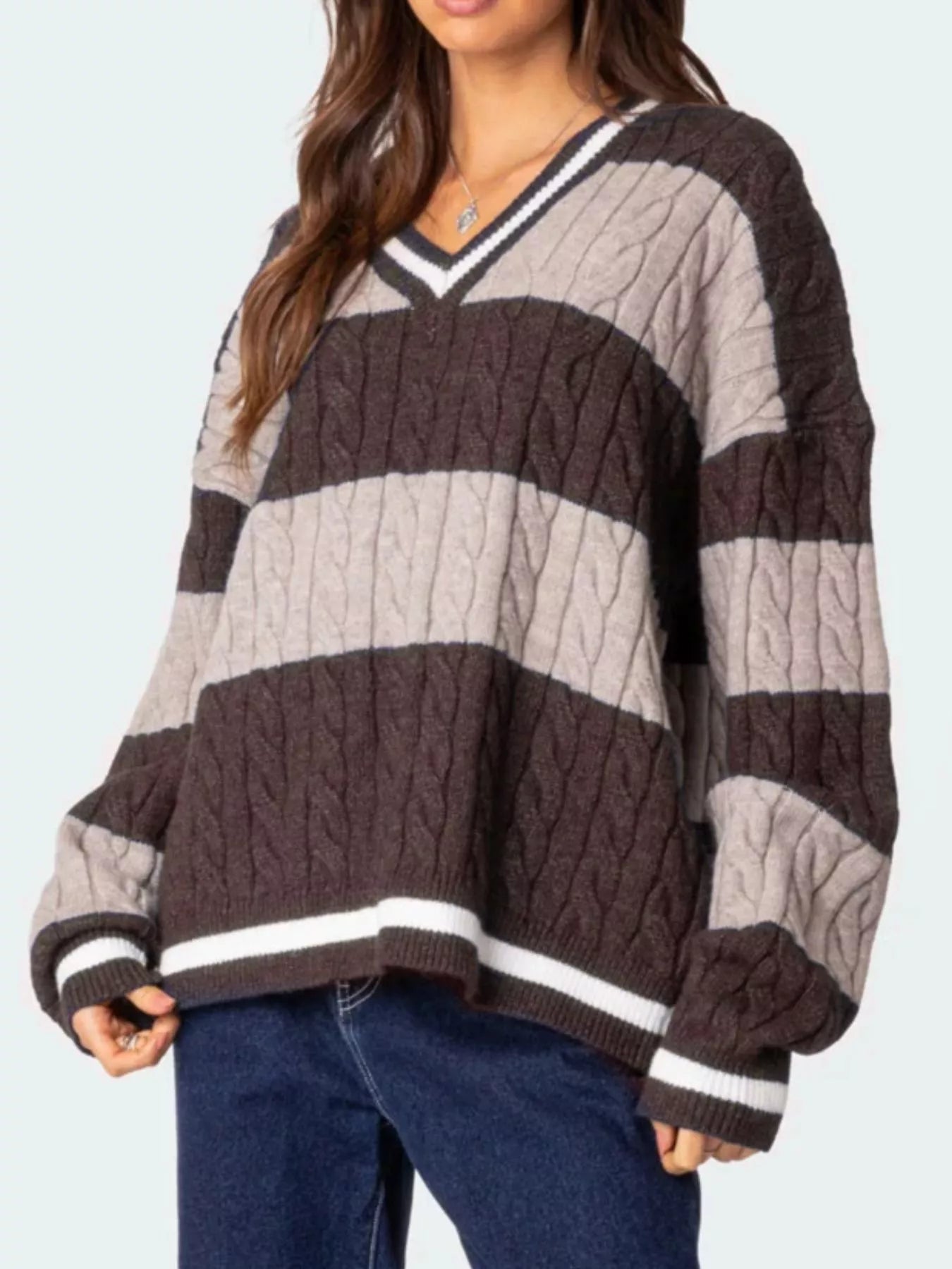 Striped Cable Knit V-Neck Sweater