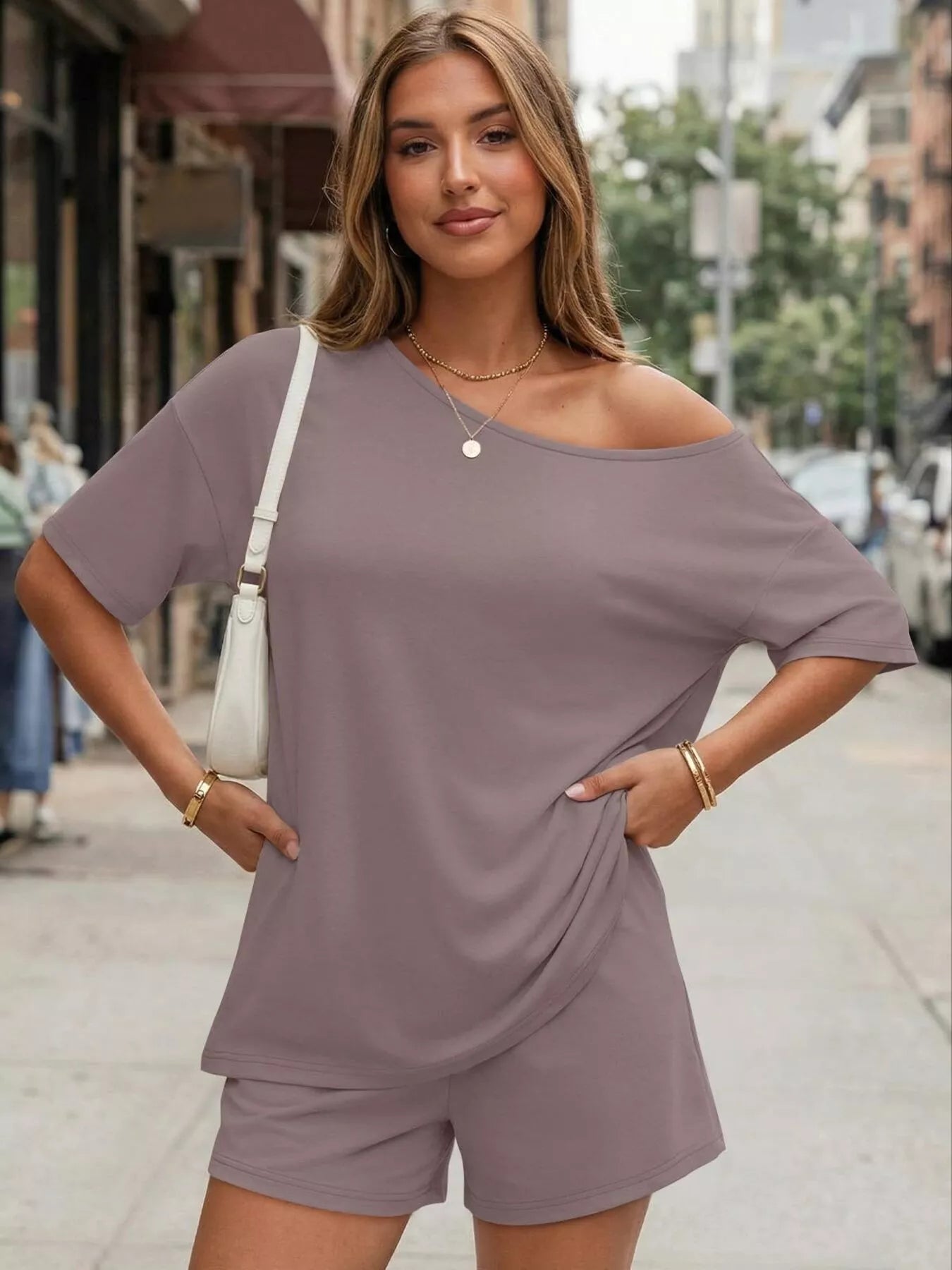 Full Size Boat Neck Tee and Shorts Set Plus Size