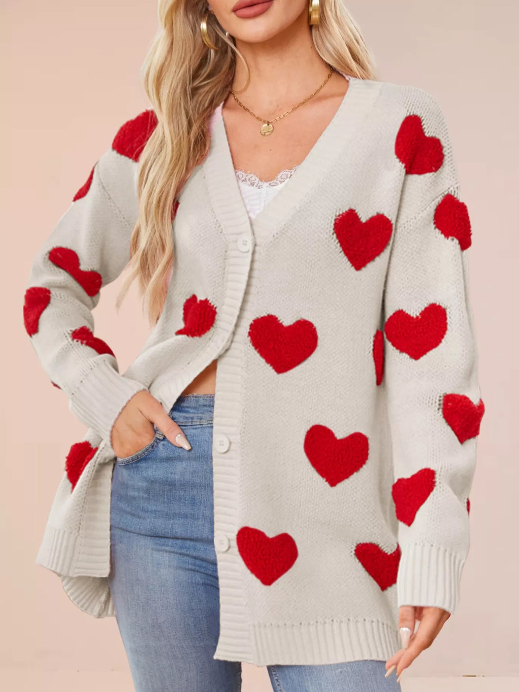 Heart Pattern Knit Button-Up Cardigan