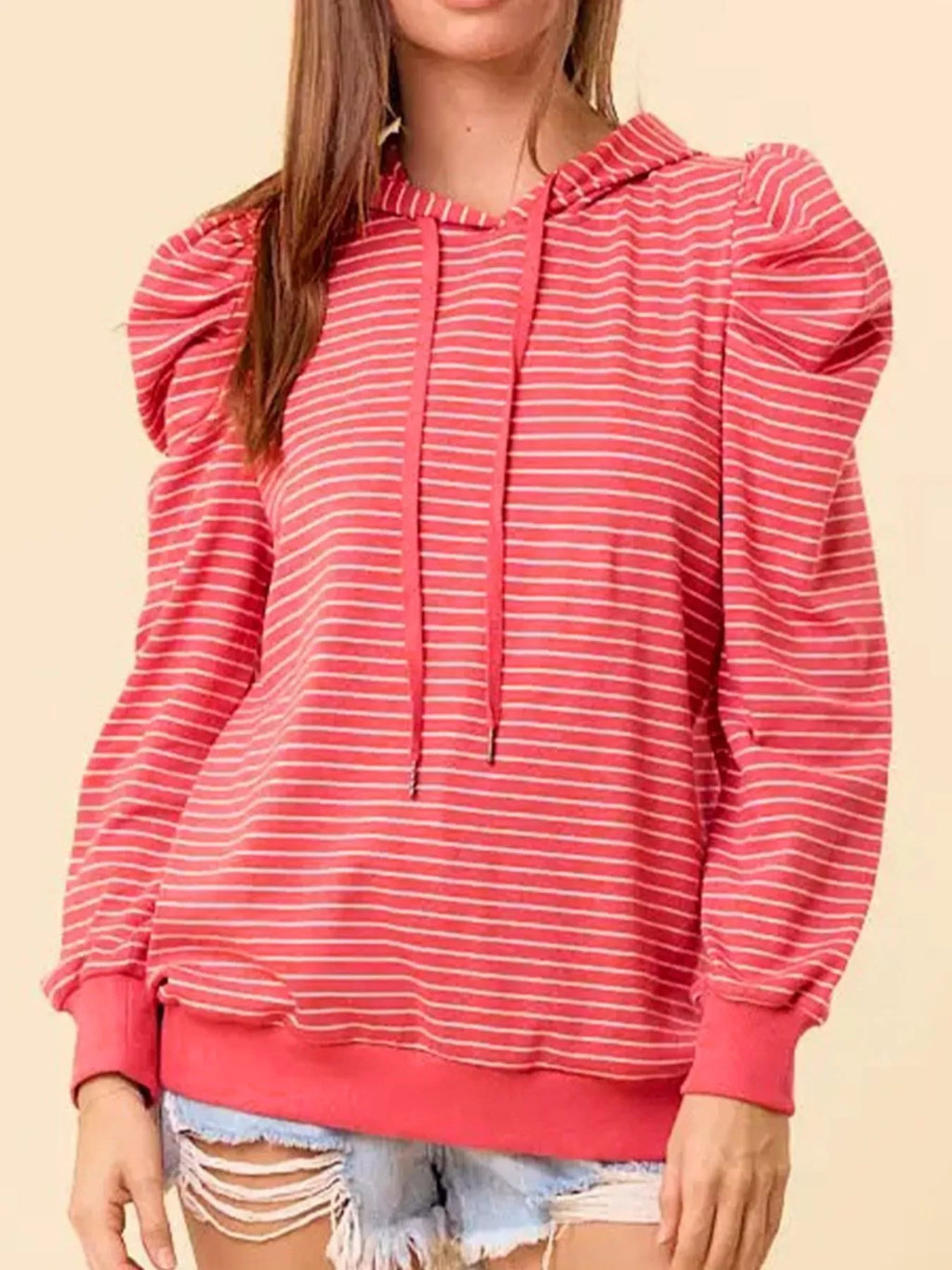 Striped Puff Sleeve Hoodie with Drawstring