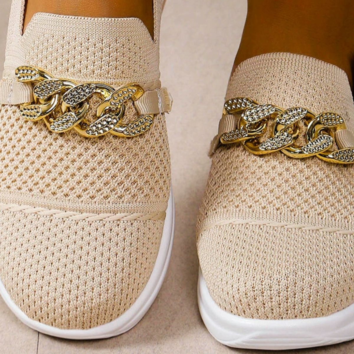 Chain Detail Round Toe Slip-Ons