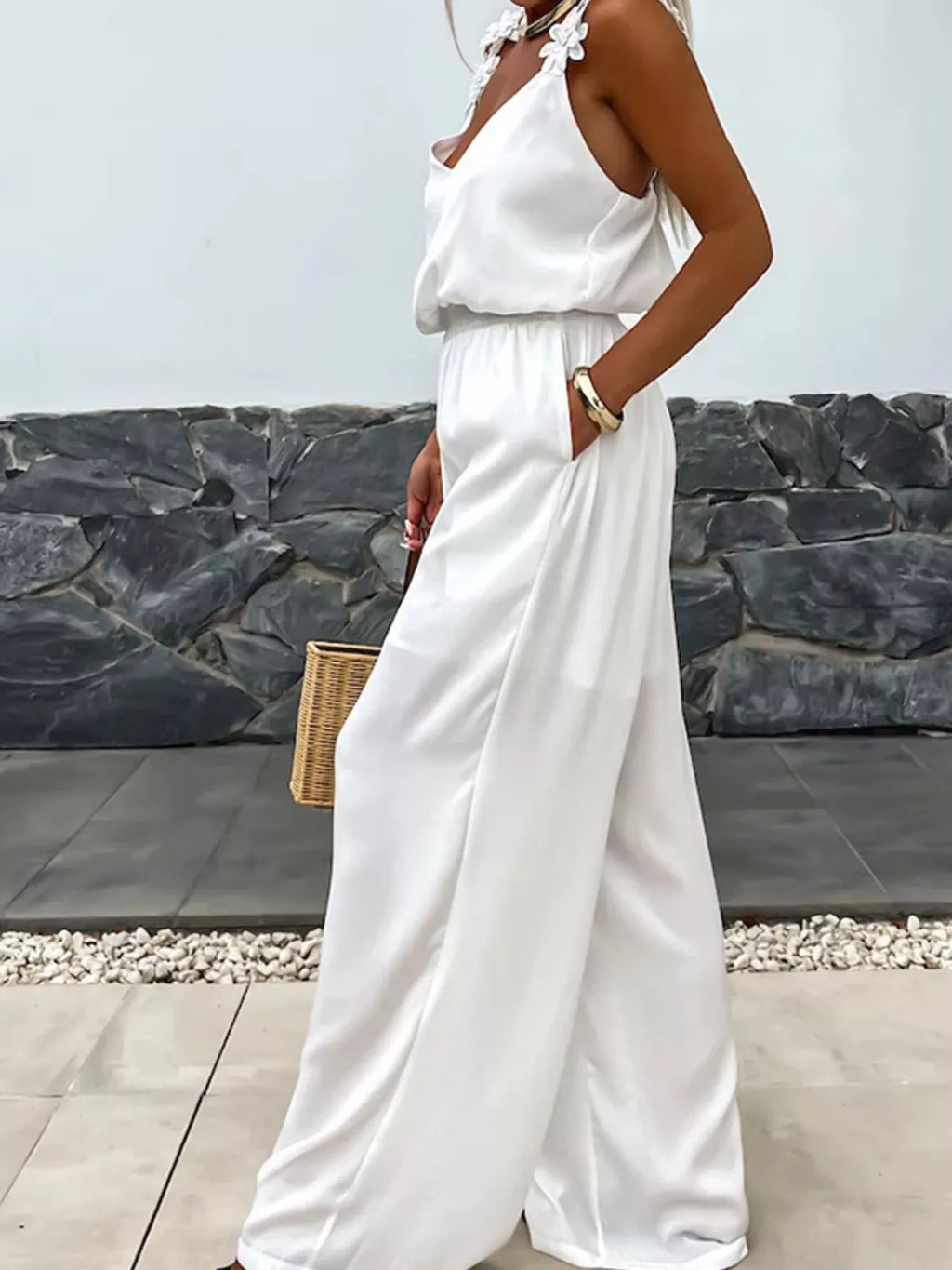 Floral Applique V-Neck Wide Leg Jumpsuit