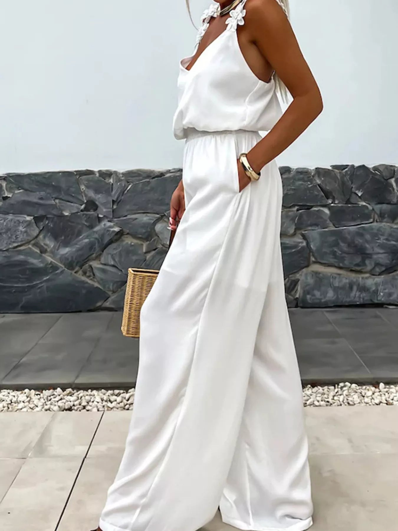 Floral Applique V-Neck Wide Leg Jumpsuit