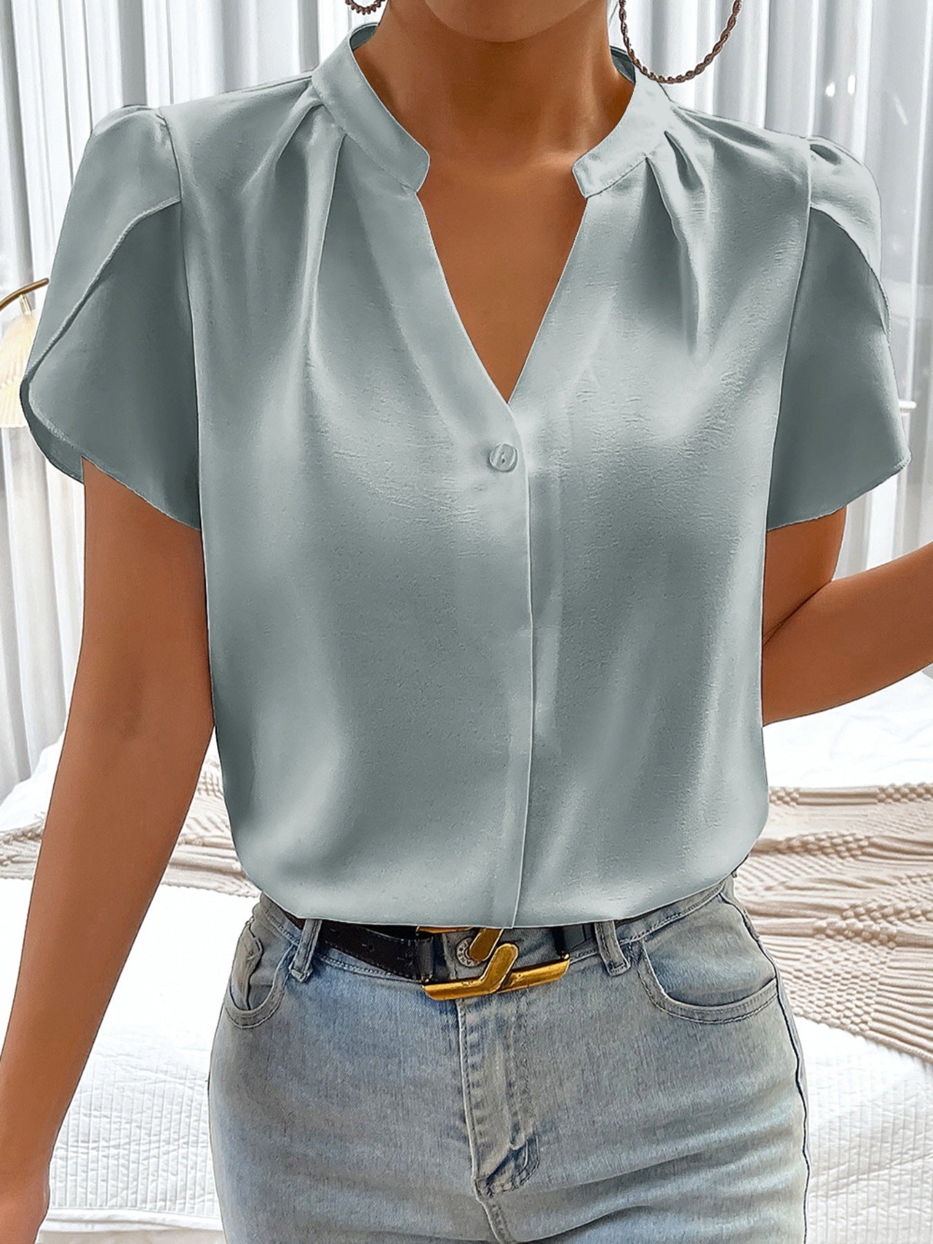 Notched Neckline Petal Sleeve Blouse