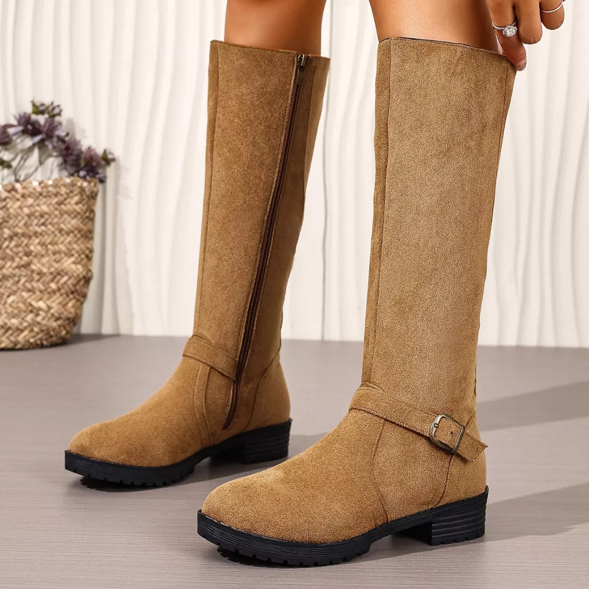 Knee-High Suede Buckle Accent Boots