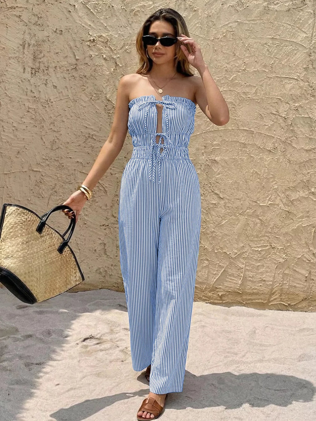Striped Strapless Tie Front Wide Leg Jumpsuit