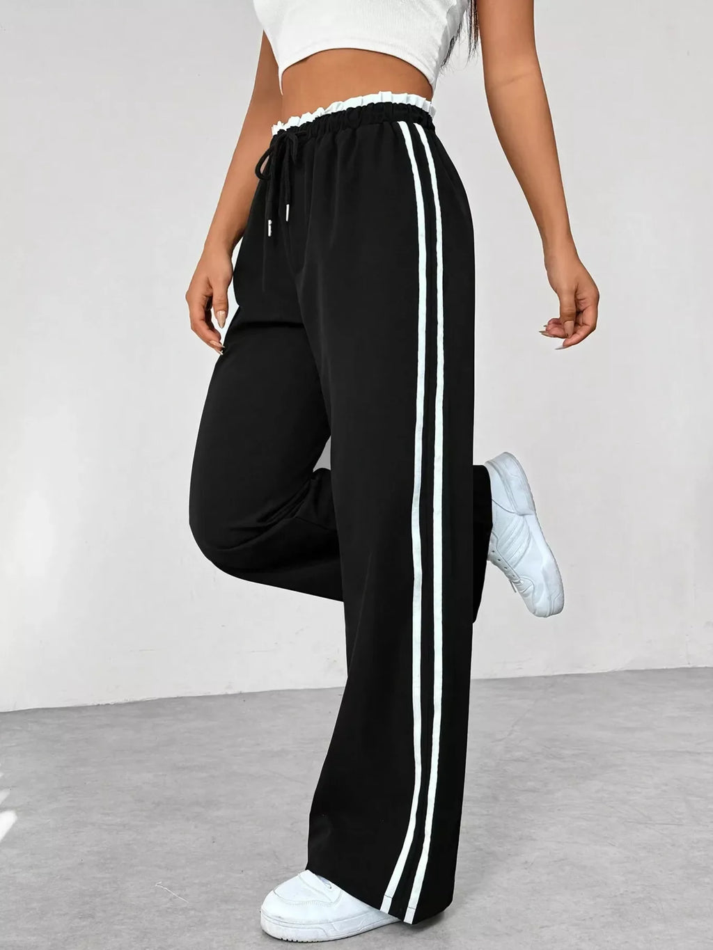Striped Drawstring Waist Wide Leg Pants
