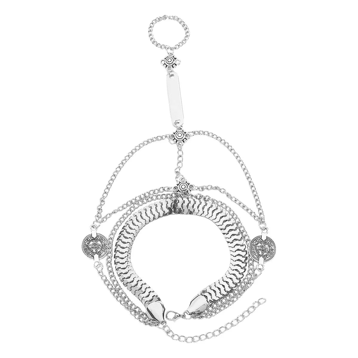 Multi Layered Chain Bracelet with Finger Ring