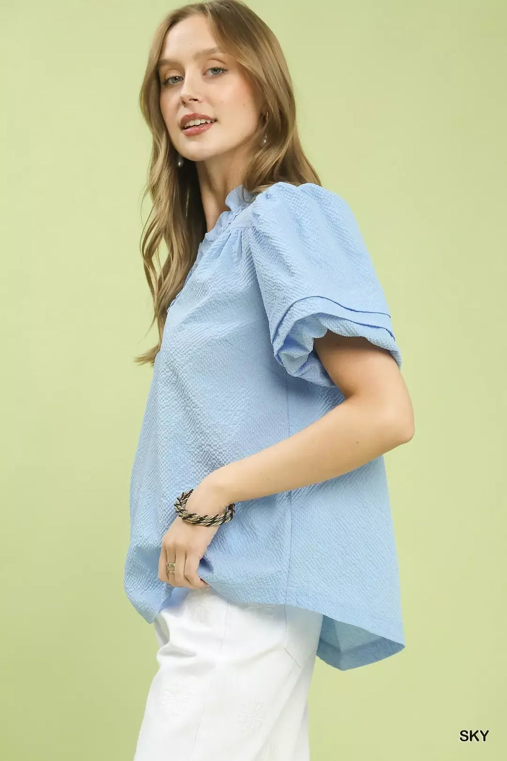 Umgee Textured Scallop Trim Puff Sleeve Blouse