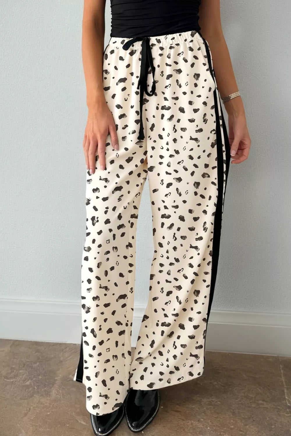 Leopard Print Side Stripe Detail Loose Drawstring Pants