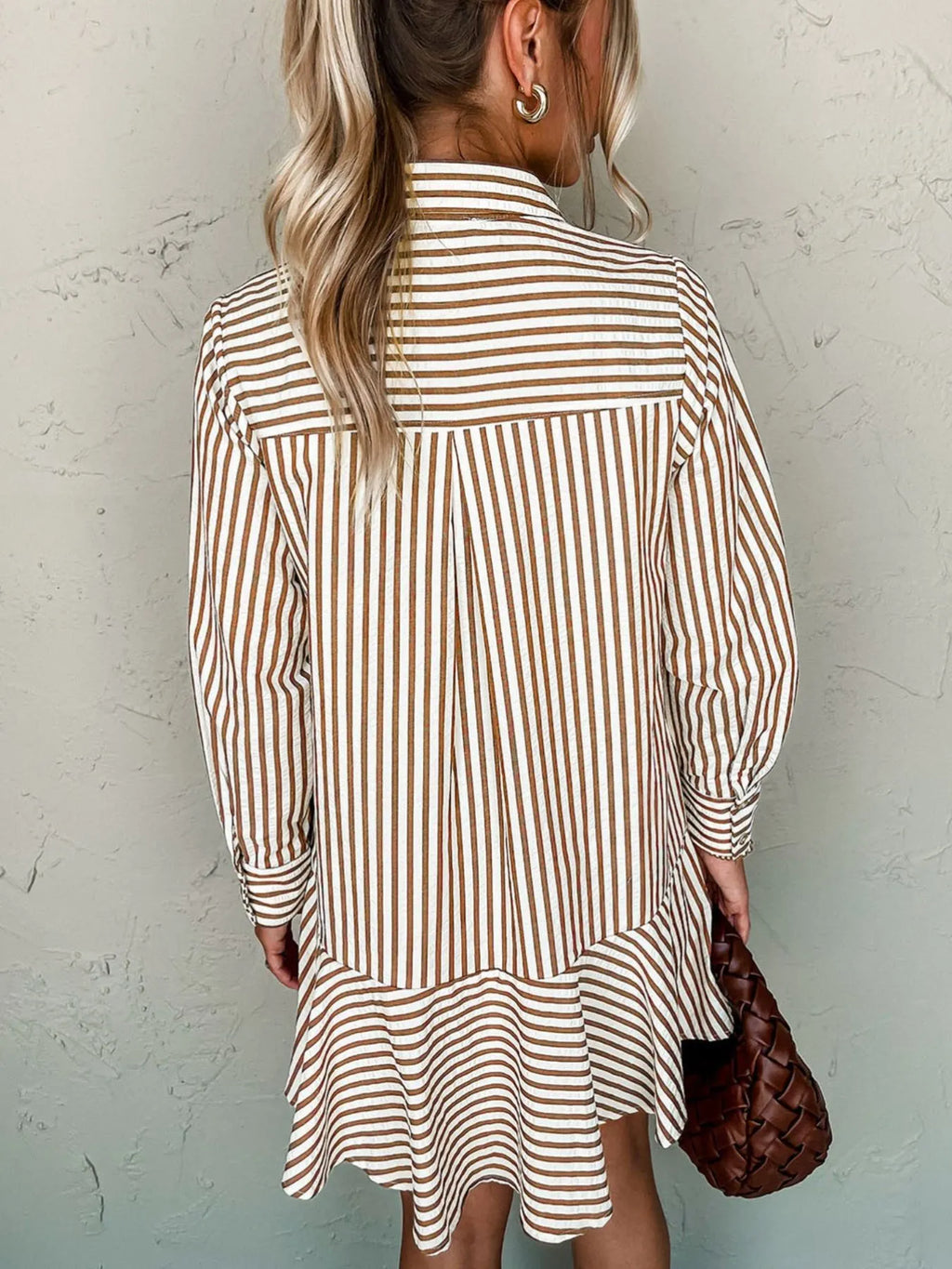 Stripe Ruffled Hem Collared Long Sleeve Shirt Mini Dress