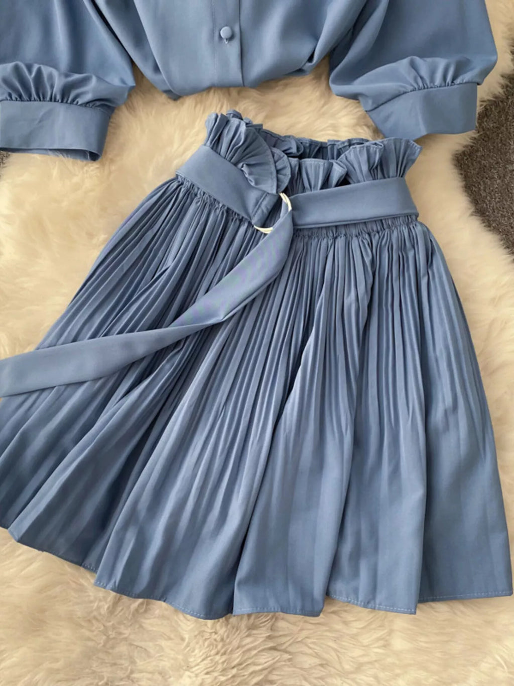 Puff Sleeve Shirt and Pleated Skirt Set