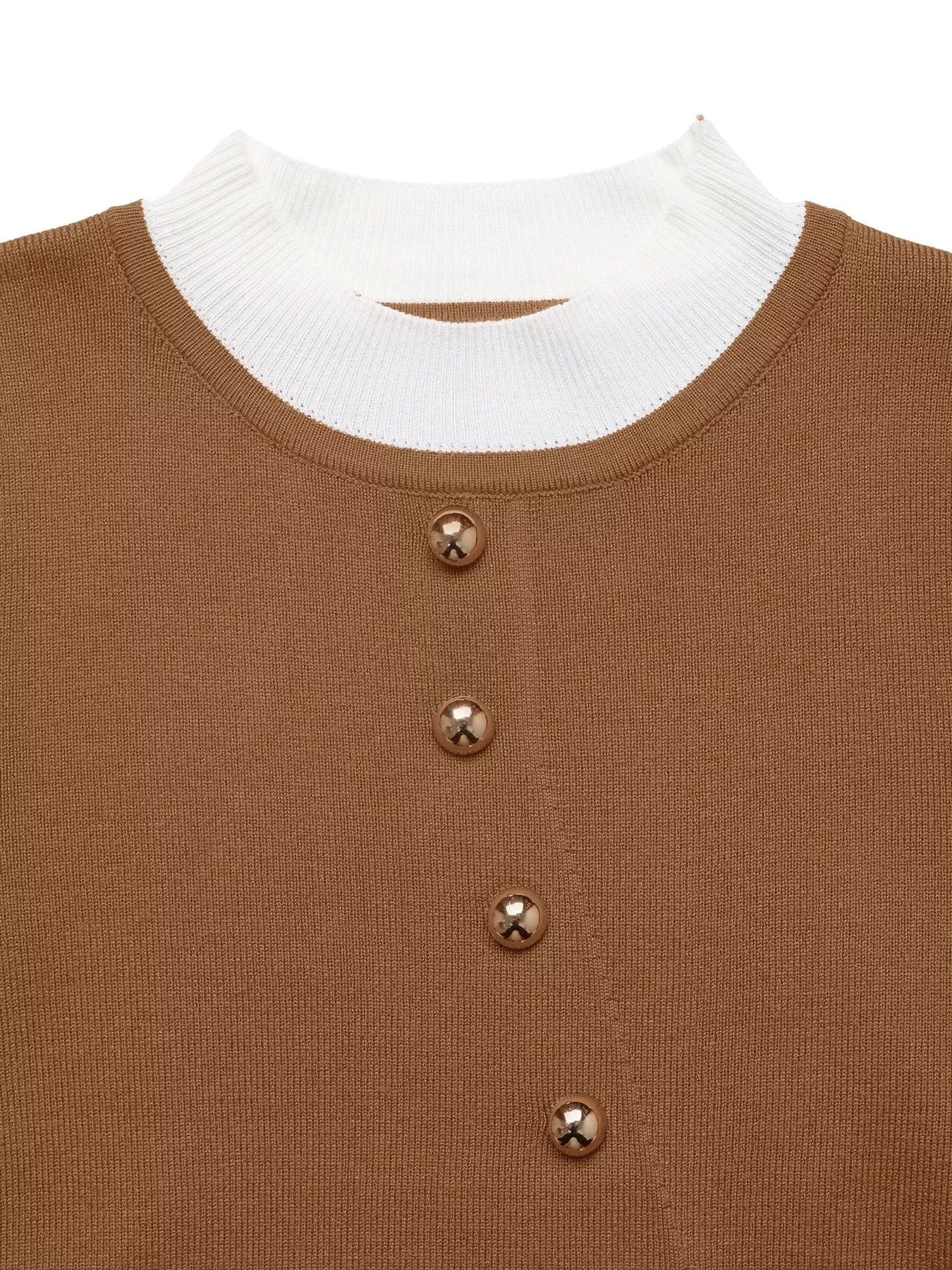Decor Button Contrast Hem Knit Top