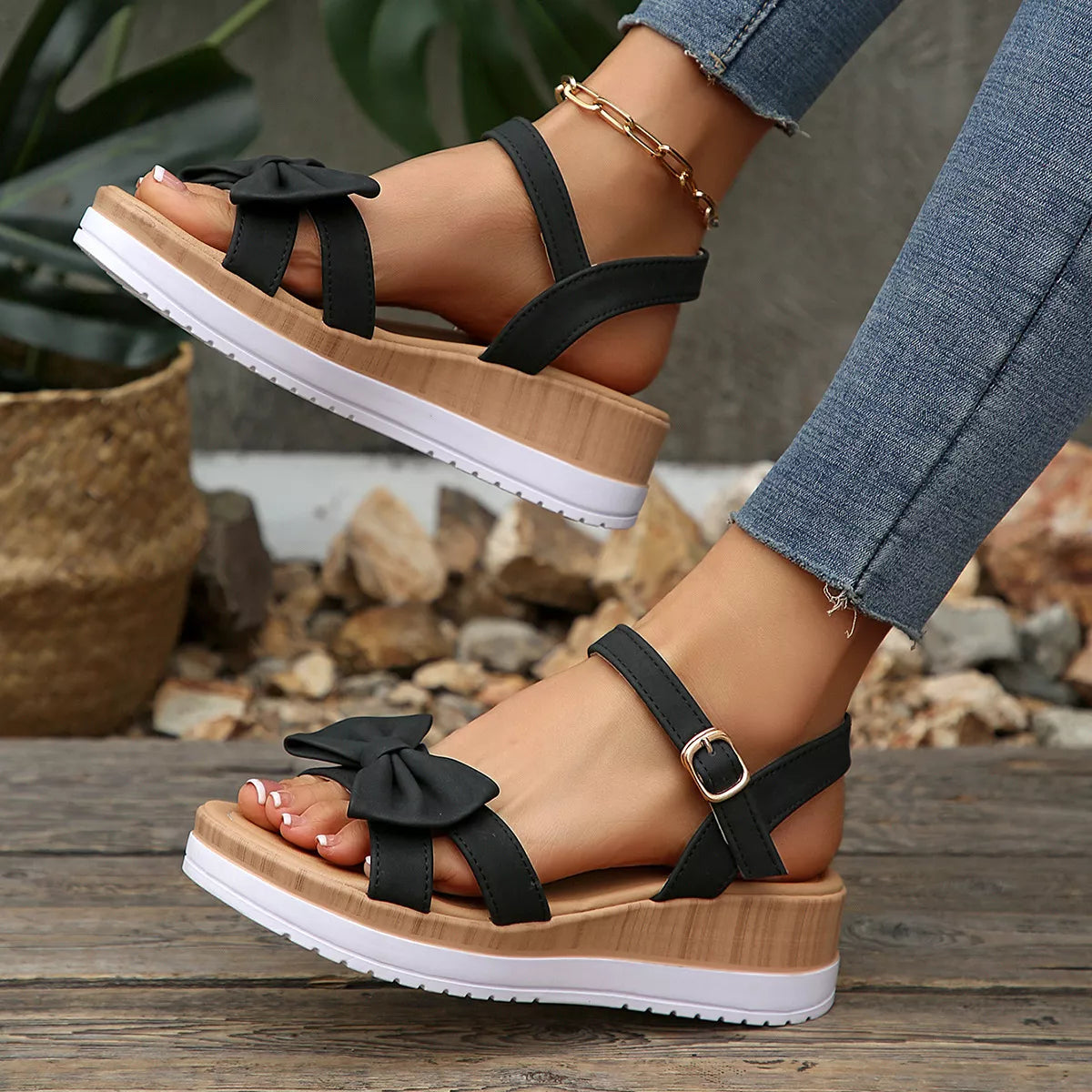 Bow Open Toe Wedge Sandals