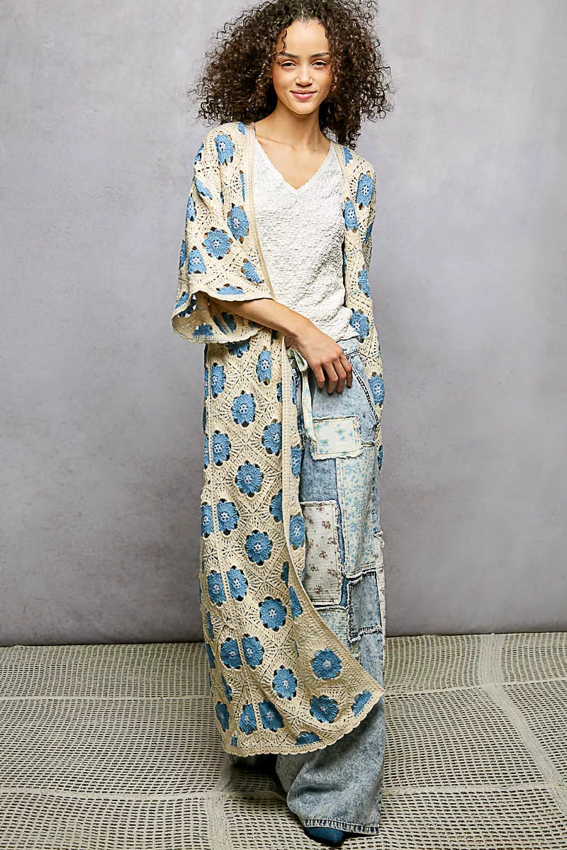 POL Open Front Floral Crochet Longline Cardigan