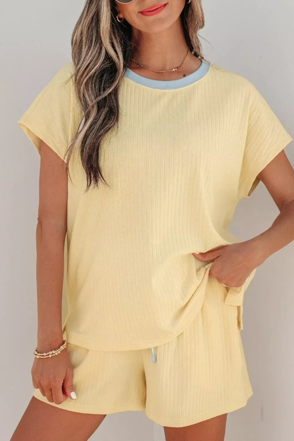 Soft Ribbed Color Block Trim Casual Short Set