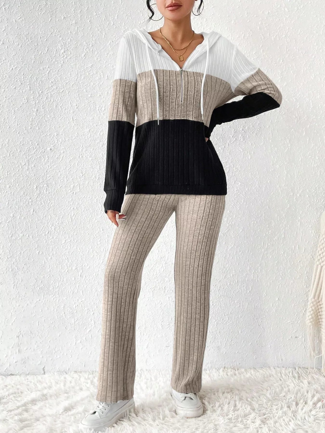 Color Block Half Zip Hooded Top and Pants Set
