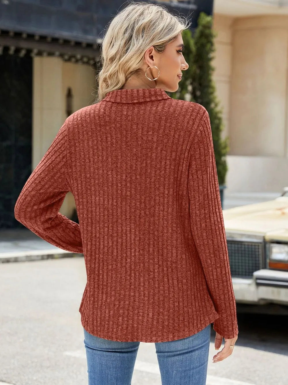 Ribbed Johnny Collar Long Sleeve T-Shirt