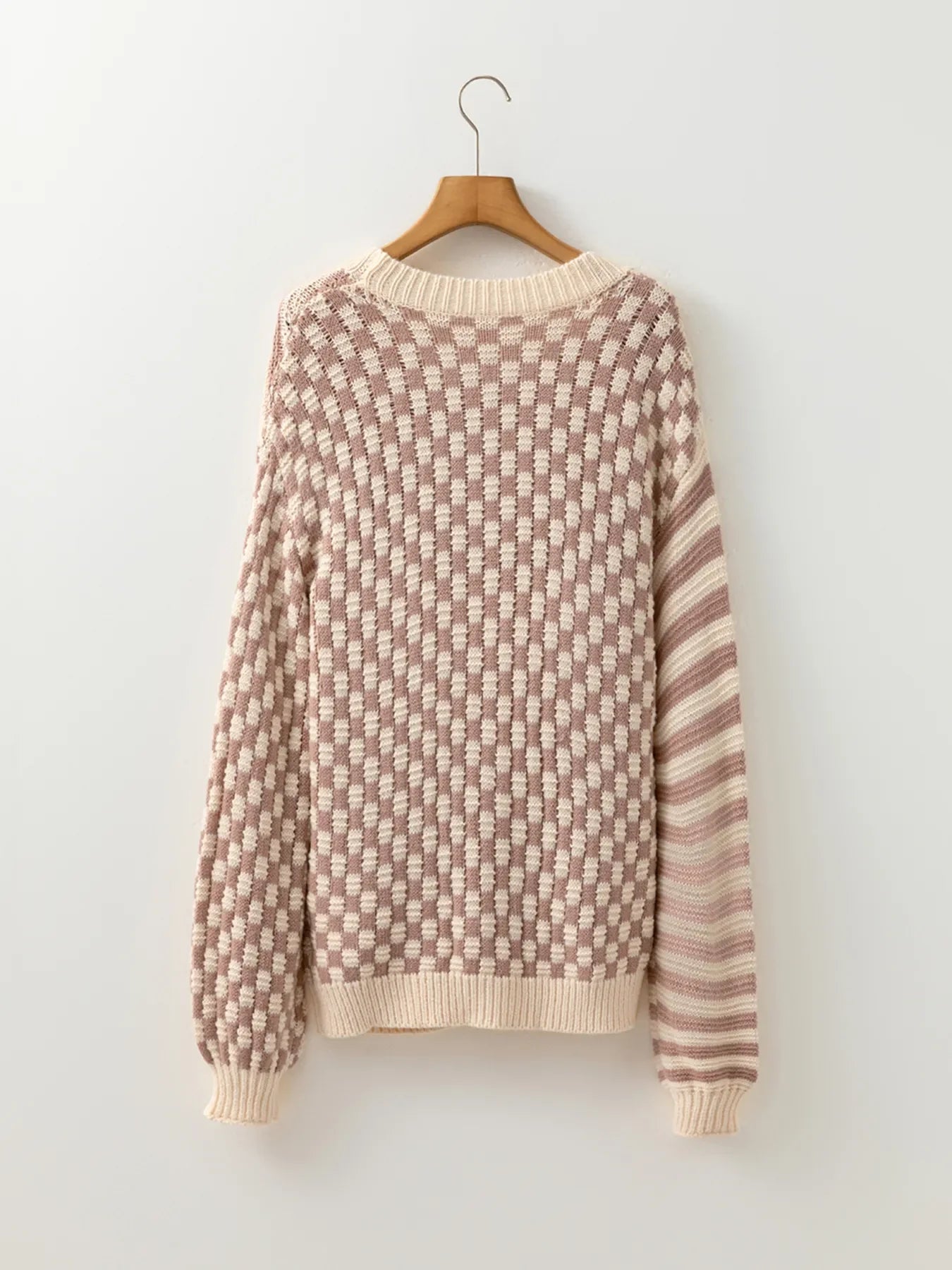 Stripe Checkerboard Drop Shoulder Balloon Sleeve Sweater