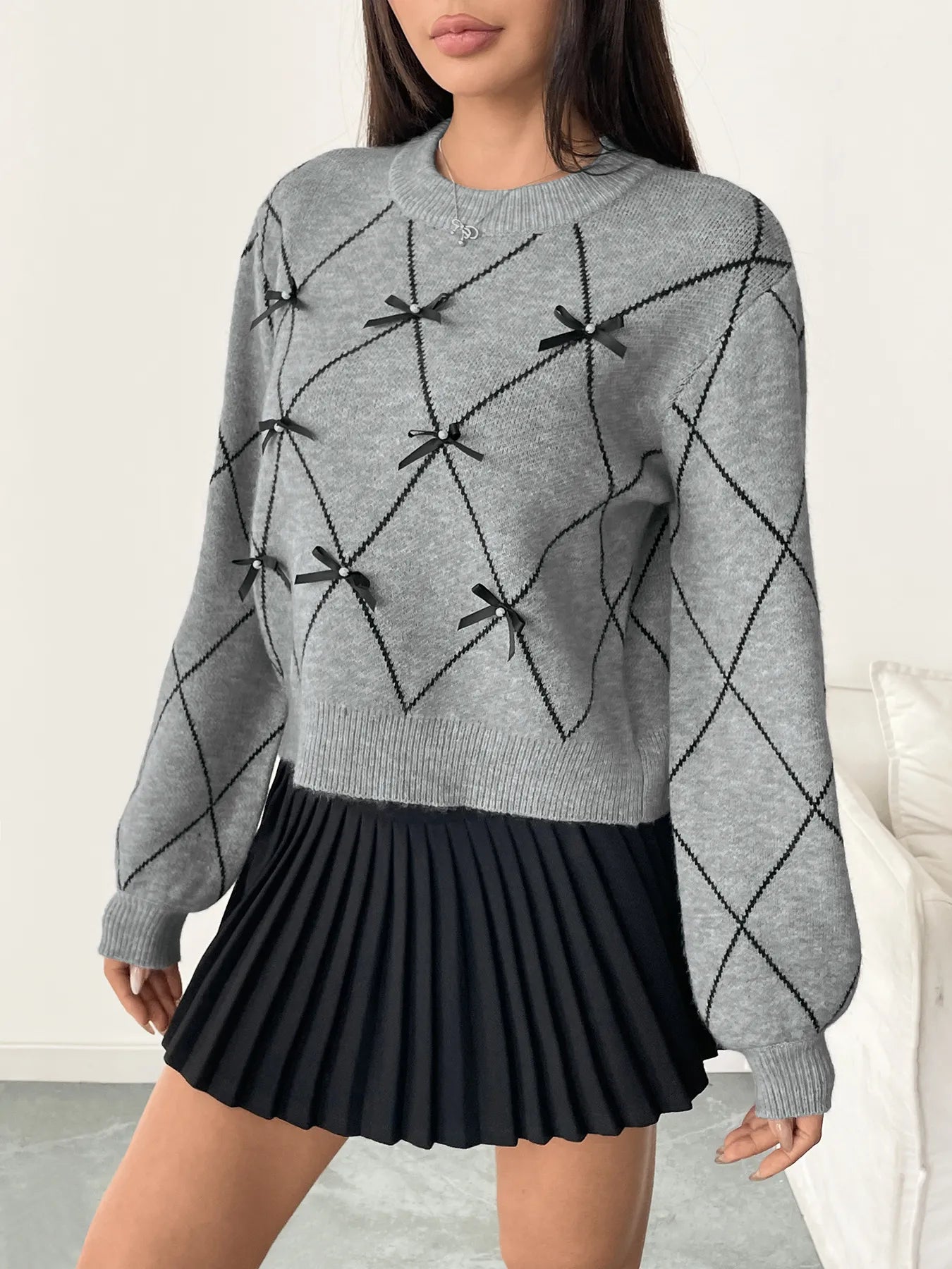 Diamond Pattern Bow Detail Sweater