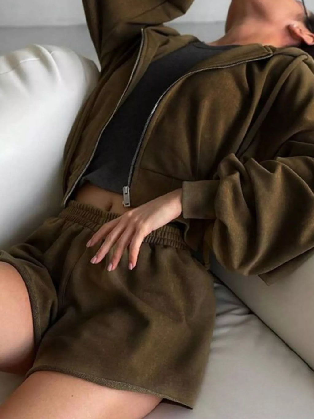 Zip Up Long Sleeve Outerwear and Shorts Set