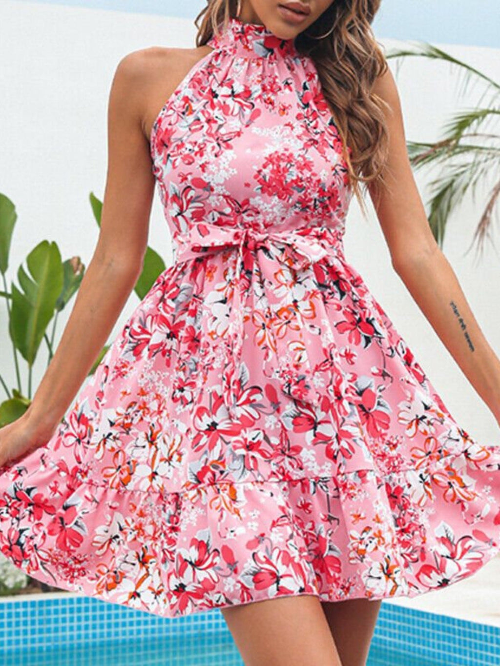 Floral Print Halter Neck Mini Dress