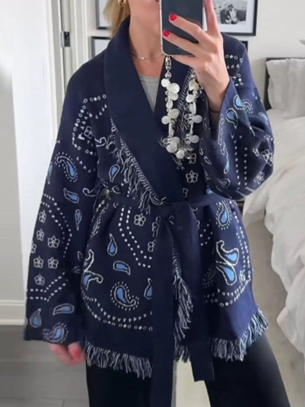 Printed Fringe Long Sleeve Cardigan