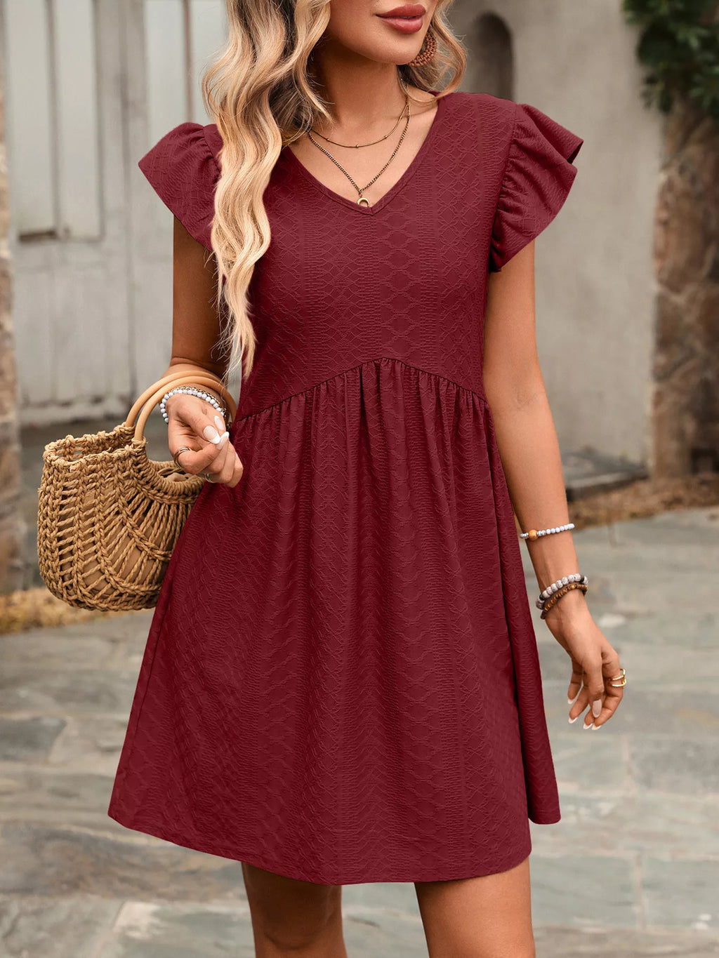Ruffle Sleeve V-Neck A-Line Dress