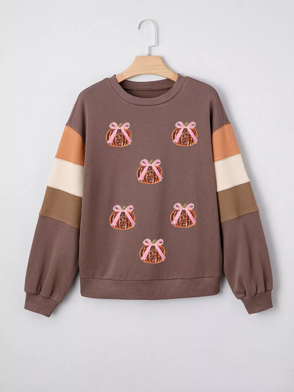 Sequin Bow Pumpkin Round Neck Sweatshirt