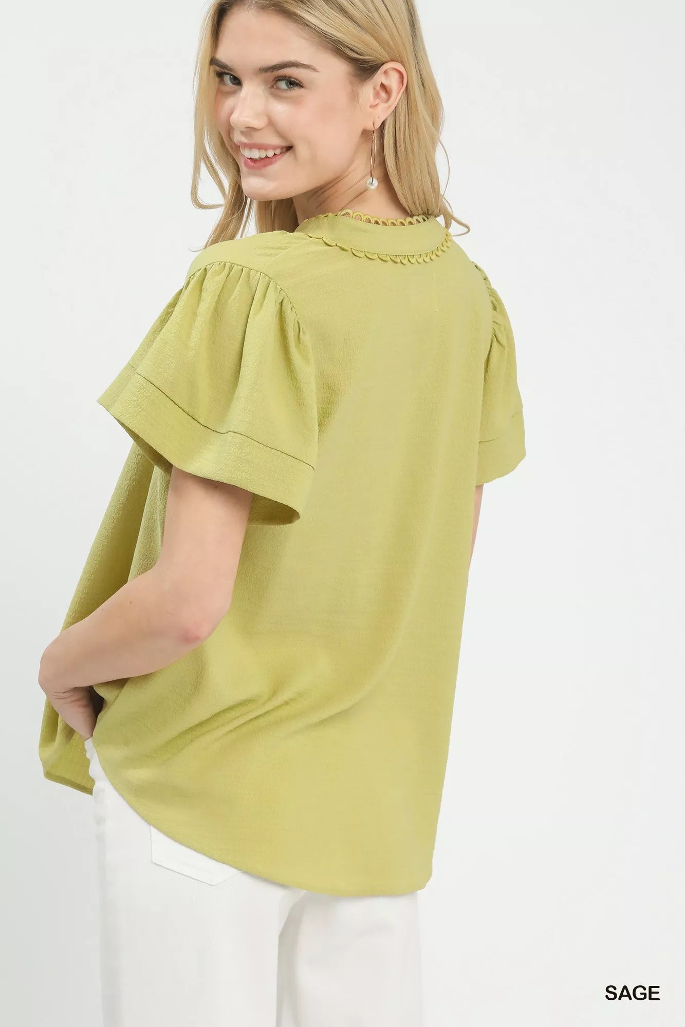 Umgee Seersucker Short Sleeve Top with Lace Trim