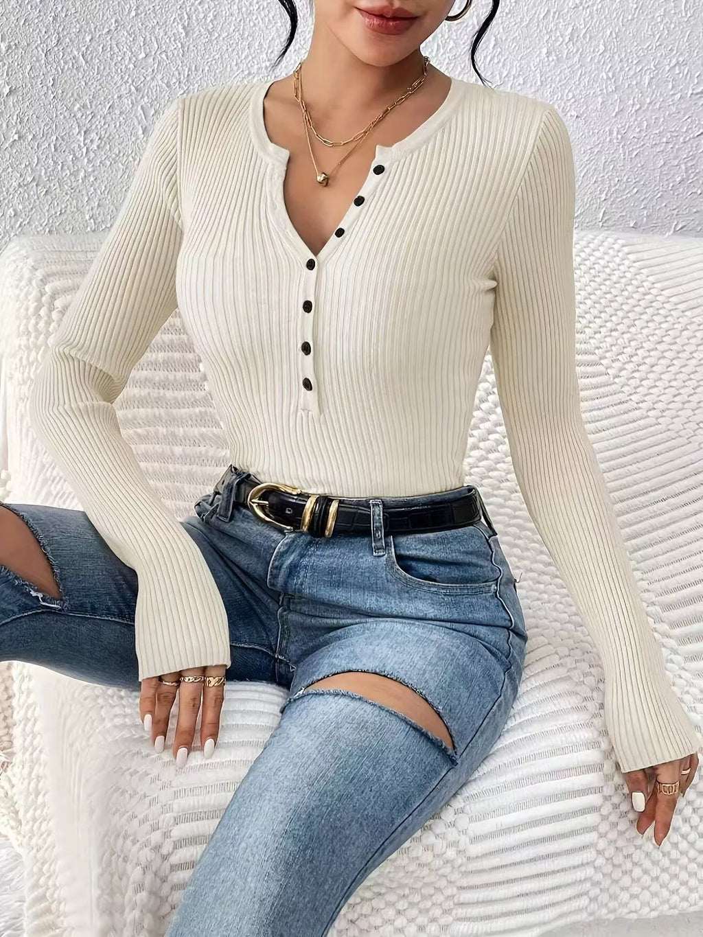 Ribbed Knit Button Front Knit Top