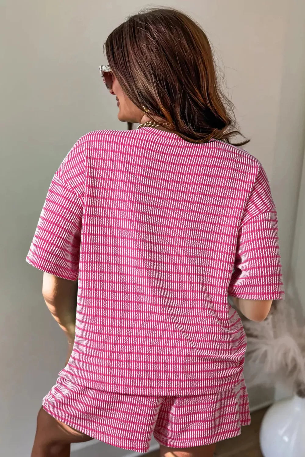 Stripe Raised Rib Loose Tee Drawstring Elastic Waist 2pcs Short Set