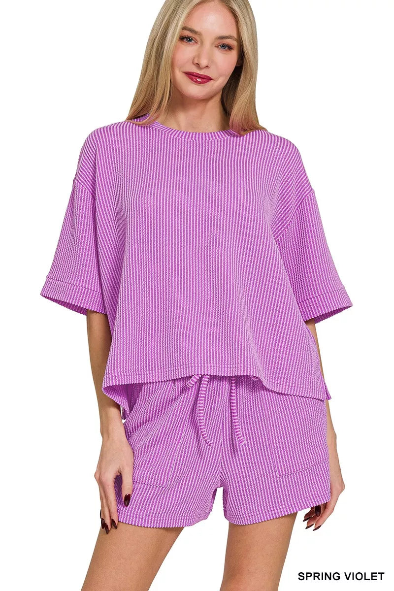 Zenana Raised Rib Short Sleeve Tee and Drawstring Shorts Set