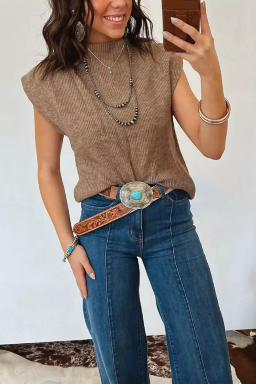 Solid Color Ribbed Knit Mock Neck Loose Sweater Vest